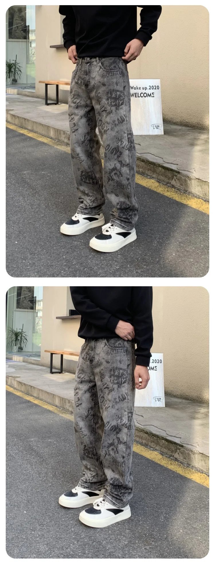 High Quality 2024 New Grey Jeans Men Graphic Printed Y2k Denim Trousers Hip Pop Rock Straight Fit Male's Pants