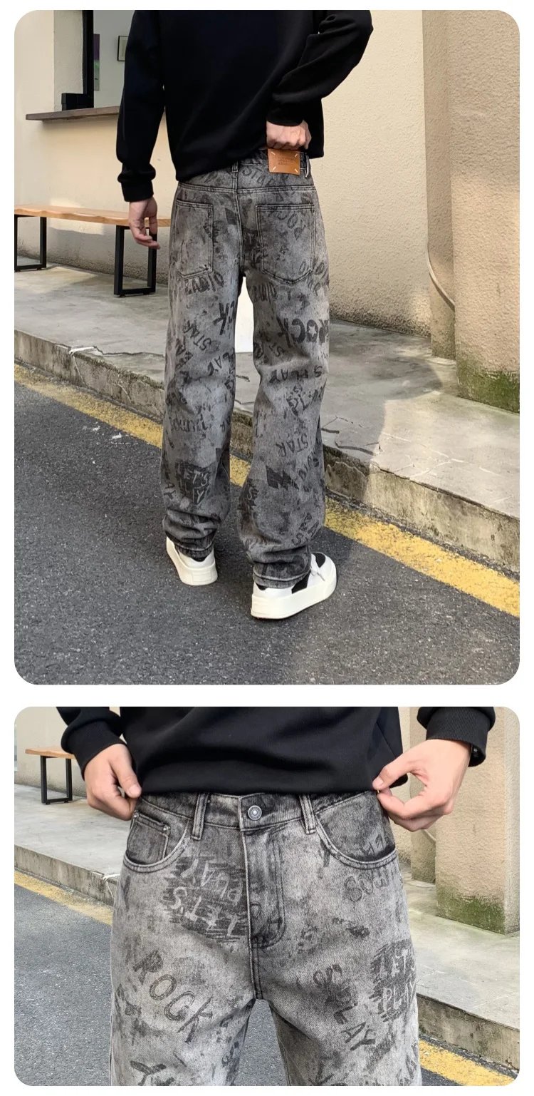 High Quality 2024 New Grey Jeans Men Graphic Printed Y2k Denim Trousers Hip Pop Rock Straight Fit Male's Pants
