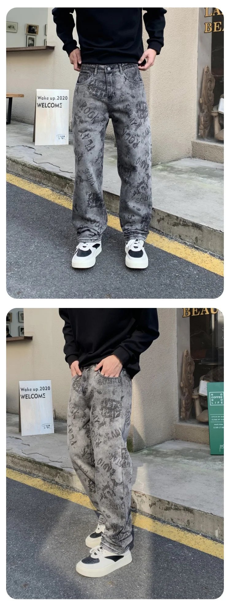 High Quality 2024 New Grey Jeans Men Graphic Printed Y2k Denim Trousers Hip Pop Rock Straight Fit Male's Pants