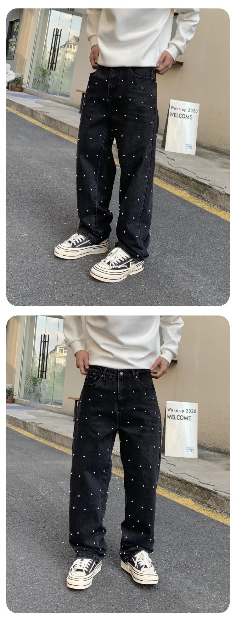 Korean Fashion Straight Jeans Men Heavy Industry Beads American Street Wear New Loosen Fit Mid Waist Denim Pants Autumn