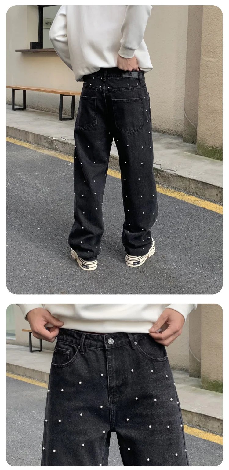 Korean Fashion Straight Jeans Men Heavy Industry Beads American Street Wear New Loosen Fit Mid Waist Denim Pants Autumn
