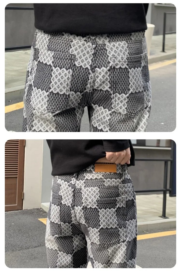 High Quality Luxury New Plaid Pattern Black Trousers Men Straight Fit Loosen Cowboy Pants Male Y2k Denim Fall & Winter