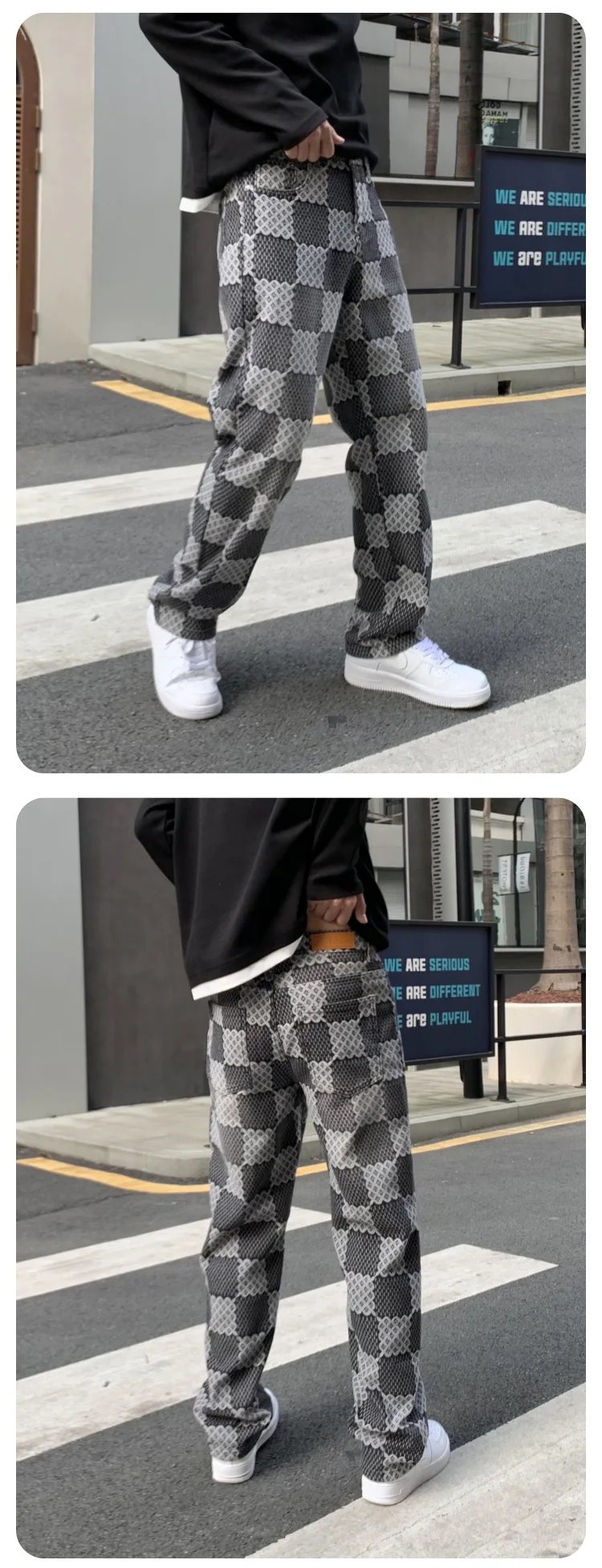 High Quality Luxury New Plaid Pattern Black Trousers Men Straight Fit Loosen Cowboy Pants Male Y2k Denim Fall & Winter