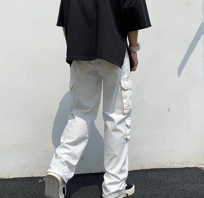 Cargo Pants for Men Wide Summer Trousers Man White Straight Street Big Size Nylon Cotton Regular Fit Harajuku Slacks Large Baggy