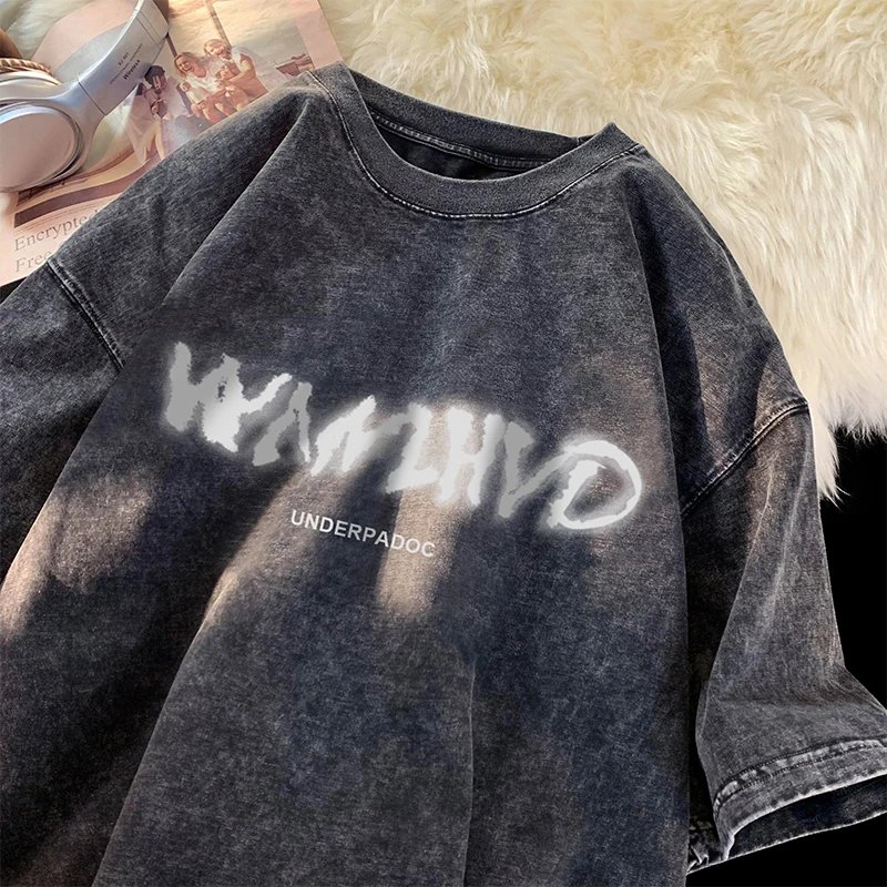 Summer washed distressed Streetwear Trend letter Printing Clothes Tee Clothes Oversized Casual Loose T-Shirts Short Sleeve