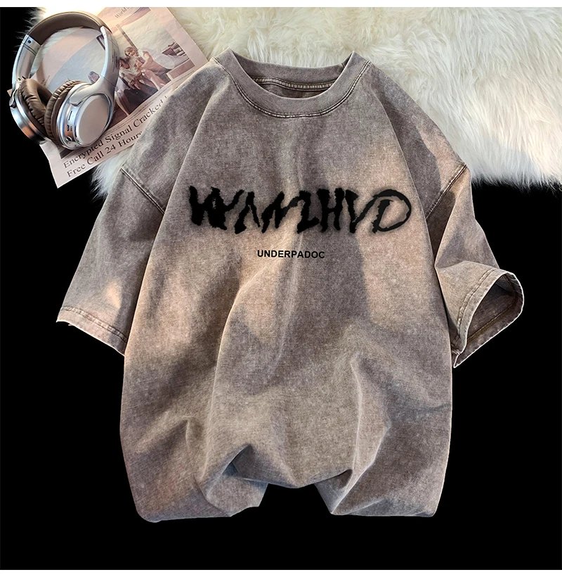 Summer washed distressed Streetwear Trend letter Printing Clothes Tee Clothes Oversized Casual Loose T-Shirts Short Sleeve