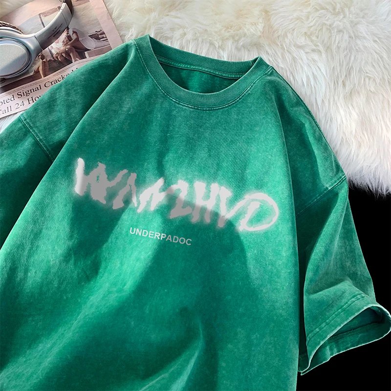 Summer washed distressed Streetwear Trend letter Printing Clothes Tee Clothes Oversized Casual Loose T-Shirts Short Sleeve