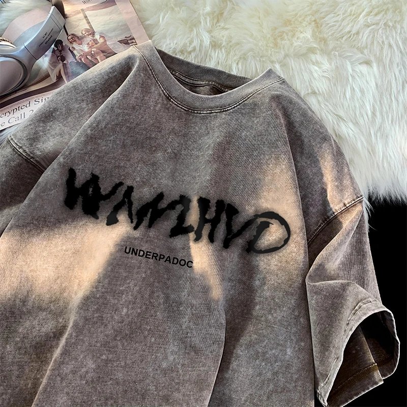 Summer washed distressed Streetwear Trend letter Printing Clothes Tee Clothes Oversized Casual Loose T-Shirts Short Sleeve