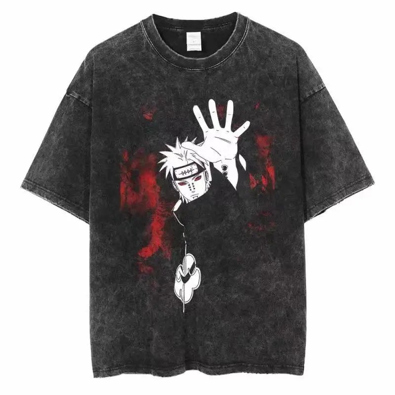 Japan Anime Print Oversize Cotton Mens Vintage TShirt Streetwear Harajuku Summer Black Short Sleeve Shirt Loose Cotton Tops Tees