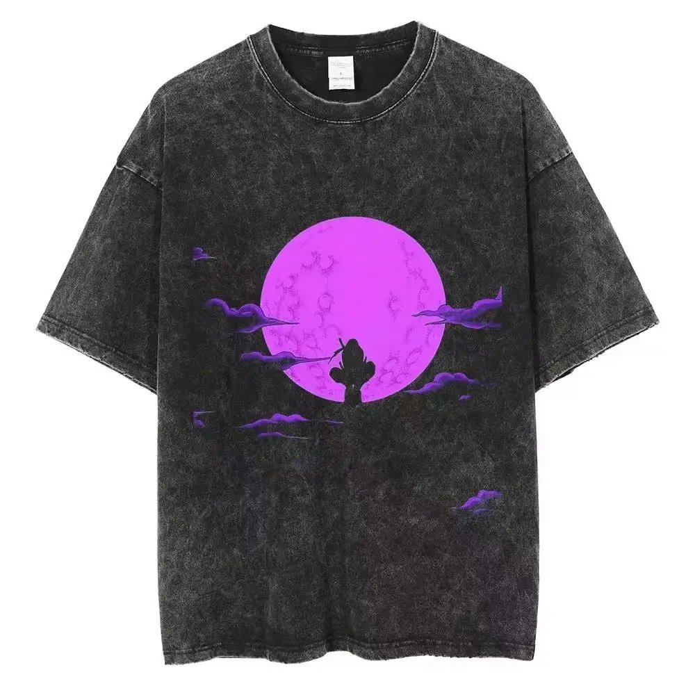 Japan Anime Print Oversize Cotton Mens Vintage TShirt Streetwear Harajuku Summer Black Short Sleeve Shirt Loose Cotton Tops Tees