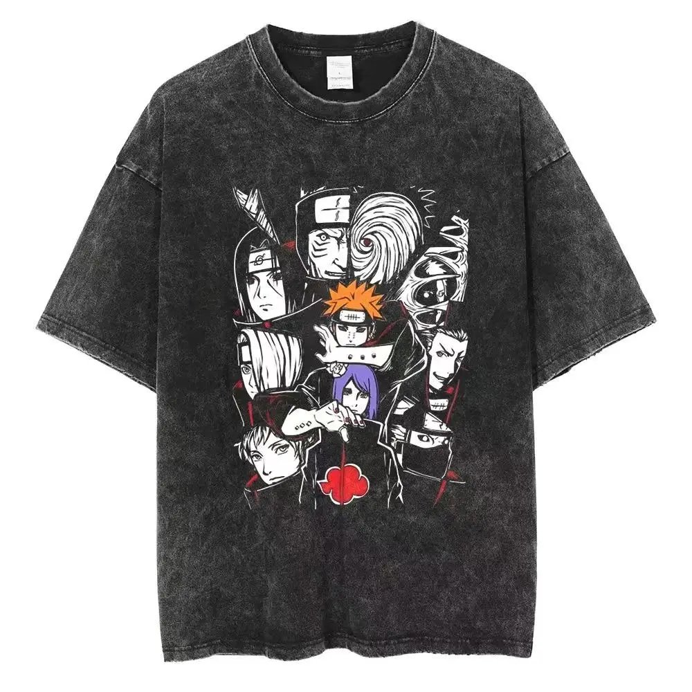 Japan Anime Print Oversize Cotton Mens Vintage TShirt Streetwear Harajuku Summer Black Short Sleeve Shirt Loose Cotton Tops Tees