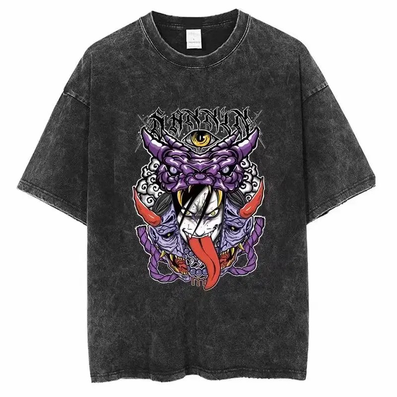 Japan Anime Print Oversize Cotton Mens Vintage TShirt Streetwear Harajuku Summer Black Short Sleeve Shirt Loose Cotton Tops Tees