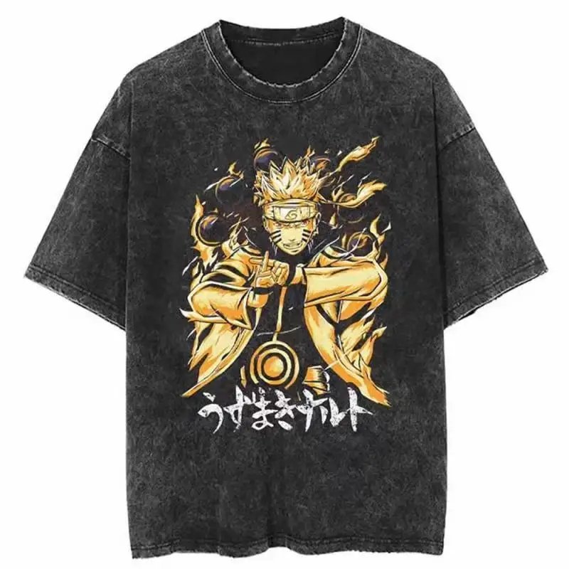 Japan Anime Print Oversize Cotton Mens Vintage TShirt Streetwear Harajuku Summer Black Short Sleeve Shirt Loose Cotton Tops Tees