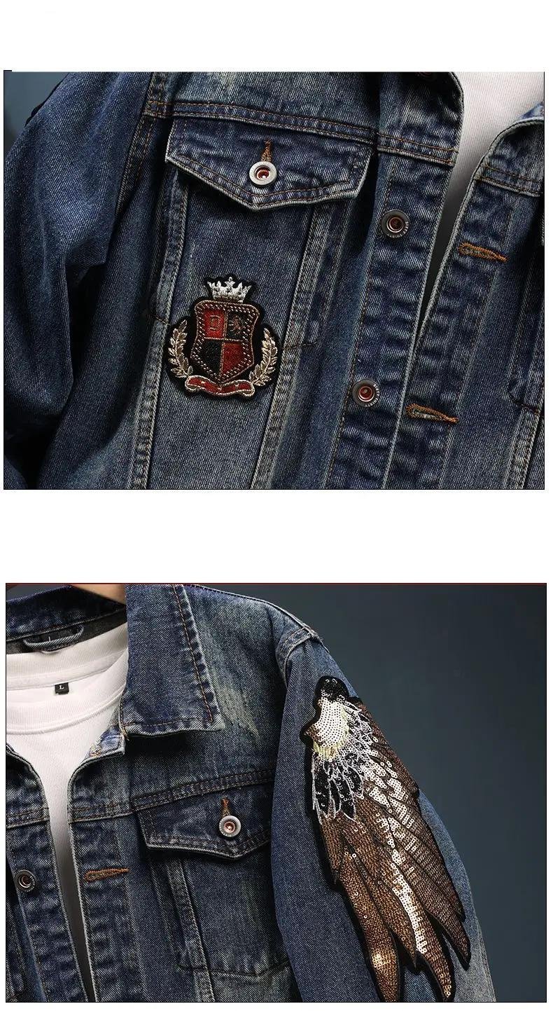 Men's Turn-down Collar Denim Jacket for Spring and Autumn, American-style Coat with Shiny Sequin Embroidery