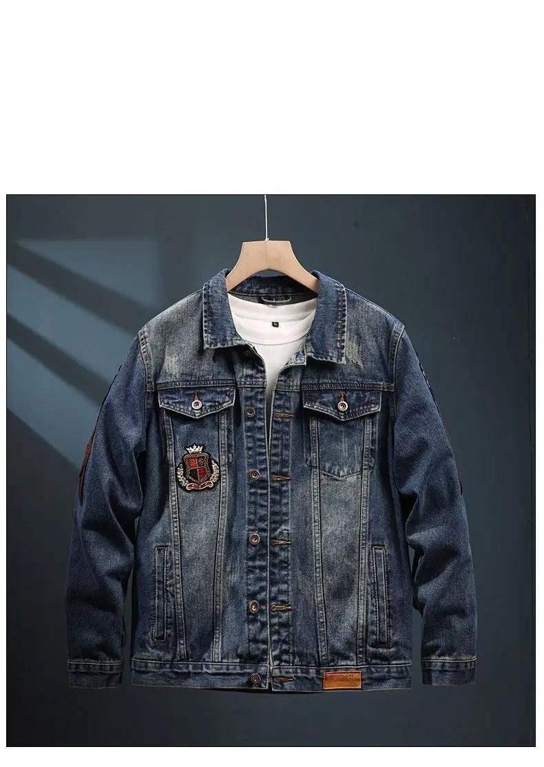 Men's Turn-down Collar Denim Jacket for Spring and Autumn, American-style Coat with Shiny Sequin Embroidery