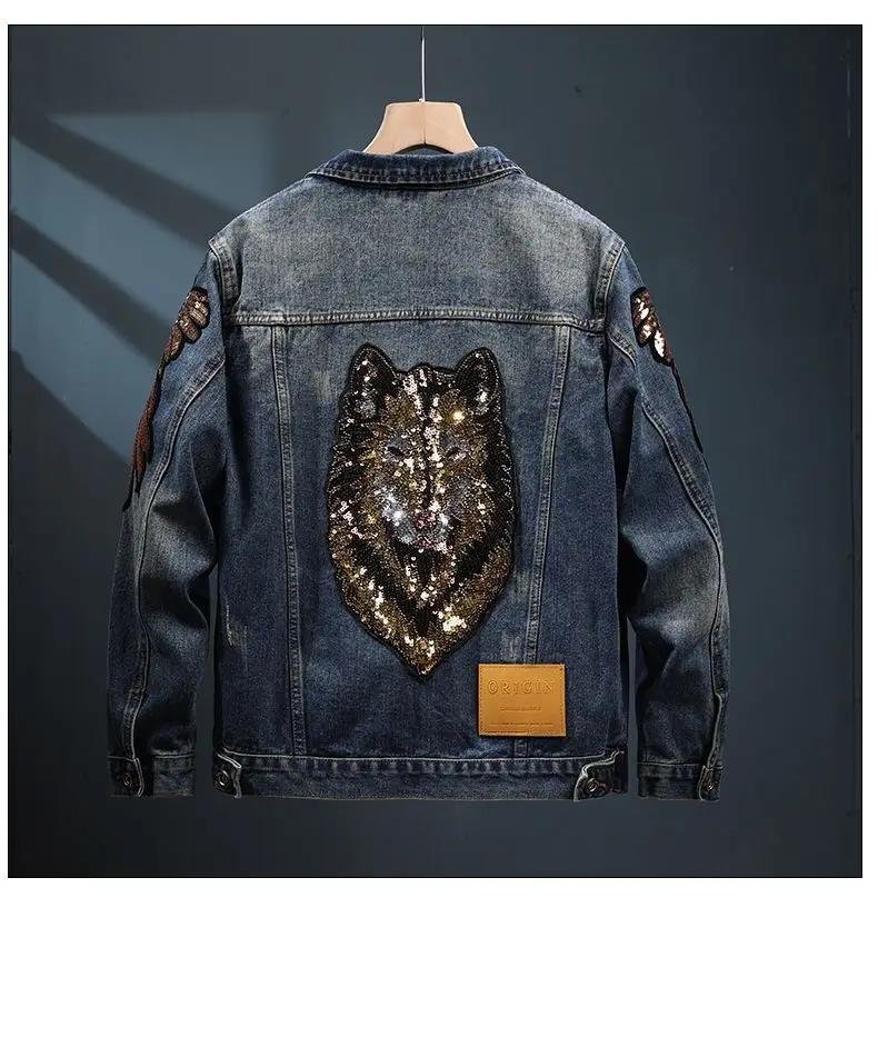 Men's Turn-down Collar Denim Jacket for Spring and Autumn, American-style Coat with Shiny Sequin Embroidery