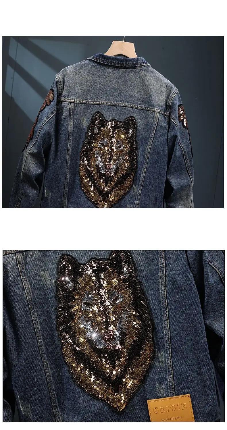 Men's Turn-down Collar Denim Jacket for Spring and Autumn, American-style Coat with Shiny Sequin Embroidery